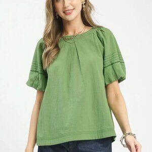 Umgee Round Neck Puff Sleeve Top with Contrast Stitch Detail